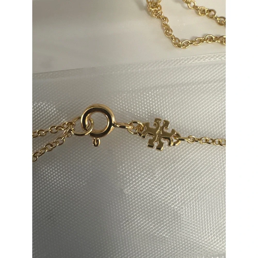 Tory Burch Kira Black Enamel Heart Pendant Necklace Gold Tone Double T Logo 16in